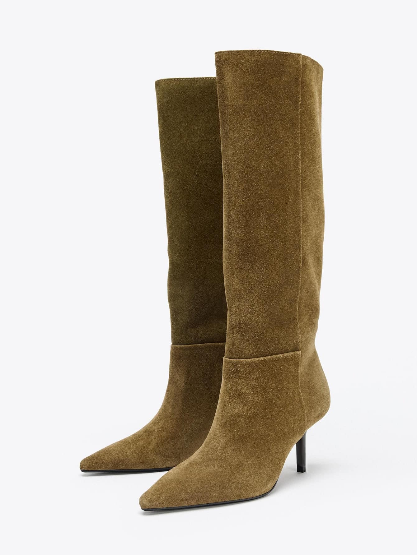 女士复古百搭西部牛仔靴，尖头细高跟长靴，过膝长靴，宽松靴，秋季、冬季、秋天皆宜，棕色麂皮褶皱靴，性感，派对必备 - 卡其色 - 查看 1