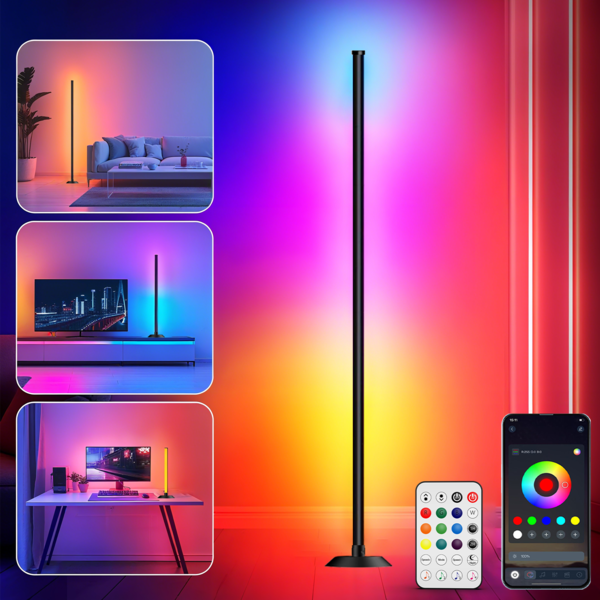 NBBUFF Smart RGB Corner Floor Lamp, 4 Segment Color-Changing LED Light, Segmented Use, With App And Remote Control, 85+ Scenes, 16 Million Colors, Timer, Music Sync, For Home Bedrooms, Game Rooms,Party Lighting, Halloween, Christmas , Modern Minimalist Decor, Sturdy Construction