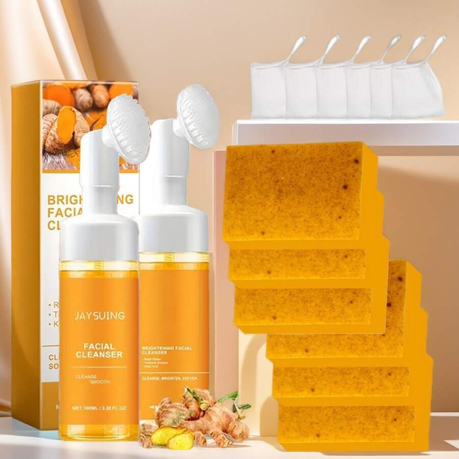 4Pcs Turmeric Wash And Care Three Piece Set,Tuemeric Facial Cleanser & Turmeric Soap Bar & Turmeric Face Scrub Pads,Face & Body Cleanser,Turmeric Cleansing Skincare Set, Deep Cleansing - 黃色 - 查看 1