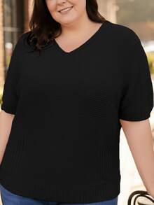 Plus Size Women's Ribbed Knit Top Short Sleeve V-Neck Basic Elegant Casual Tricolors - màu đen - Xem 3