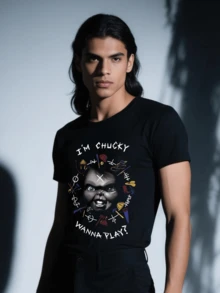 Playera 100% Algodón Peinado Cuello Redondo Modelo Halloween Muñeco Para Apasionados Del Terror, Macabro, Unisex, Fresca y Cómoda - Negro - Ver 3