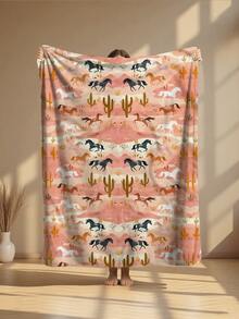 Manta suave de franela con patrón del suroeste del desierto - caballos, cactus y tonos de puesta de sol para una acogedora decoración del hogar, calidez ligera para sofá, cama o viaje, diseño rústico y vibrante en base melocotón (280 g/m²)