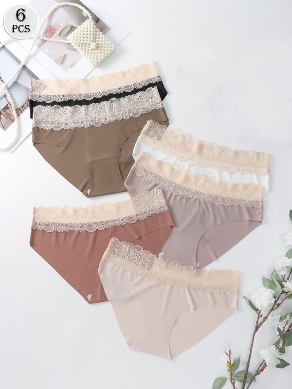 6pcs Women's Sexy Lace Trim Breathable Seamless Hipster Panties