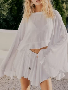 2pcs Womens Shorts Set Oversized Bell Long Sleeve Crop Top Drawstring Waist Shorts 2 Piece Flowy Ruffle Loose Outfits - White - View 3