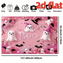 1 pièce Toile de fond de fête thème Halloween en rose "Boo", fantômes blancs mignons, chapeaux magiques roses, motifs de chauves-souris et d'étoiles. Cette toile de fond de fête convient pour la décoration murale intérieure et extérieure, les accessoires de studio photo, 210 x 150 cm