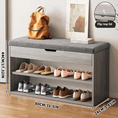 Small Shoe Bench With Cushion, Shoe Bench Storage With Seat, Wooden Shoe Rack 2-Tier, Hidden Flip-Top Seat, For Hallway, Entryway, Living Room, Bedroom, 80 X 24 X 44 Cm
