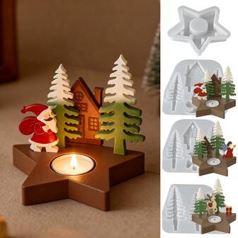 Set Of 2PCS Christmas DIY Epoxy Resin Elk Angel Card Insert Five-Pointed Star Candlestick Ornaments Mirror Plaster Silicone Mold For DIY Christmas Candles, Resin & Plaster Crafts – Festive Gnome Design With Holly, Berries & Snowflakes, Perfect For Holiday Decorations & Gifts