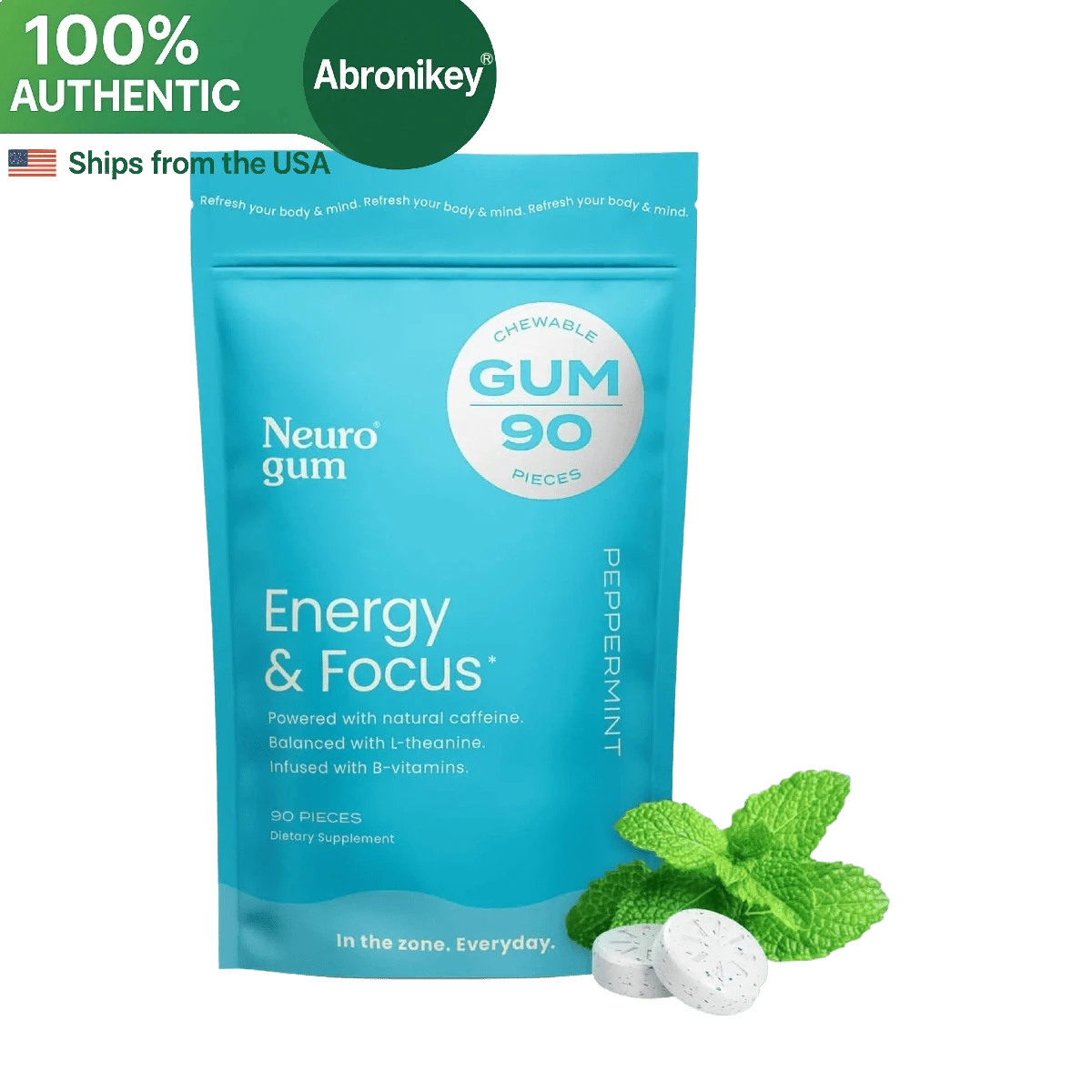 Abronikey NeuroGum Energy & Focus – Sugar-Free Peppermint Gum With Caffeine, L-Theanine, Vitamin B6 & B12 – Nootropic Chewable For Mental Clarity – Vegan & Keto – 90 Pieces - Gói 1 - Xem 1