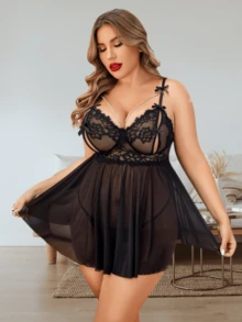 大码性感网纱透视连衣裙性感蕾丝吊带睡袍（赠送丁字裤） - 黑色 - 查看 11