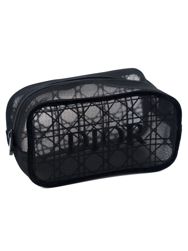 Christian Dior Black Portable High-End Textured Tartan Mesh Makeup Pouch Minimalist Toiletry Bag