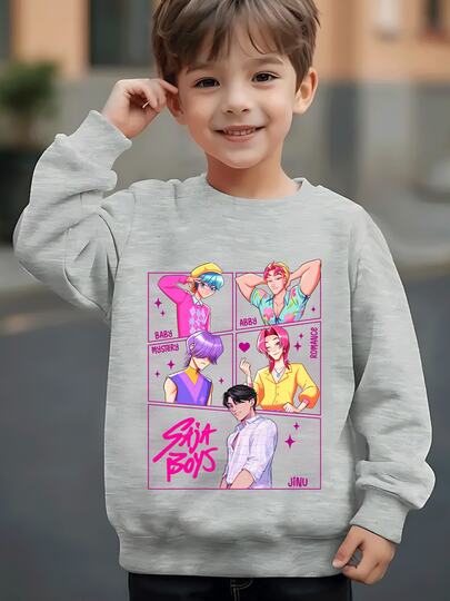 Fashionable Boys' Graphic Sweatshirt Cool Design Print Pullover For Youth,Kpop Demom Hunters, Stylish Cotton Blend Top For Active Kids,  Casual Wear With Vibrant Colors And Comfortable Fit Ideal For Everyday Adventures