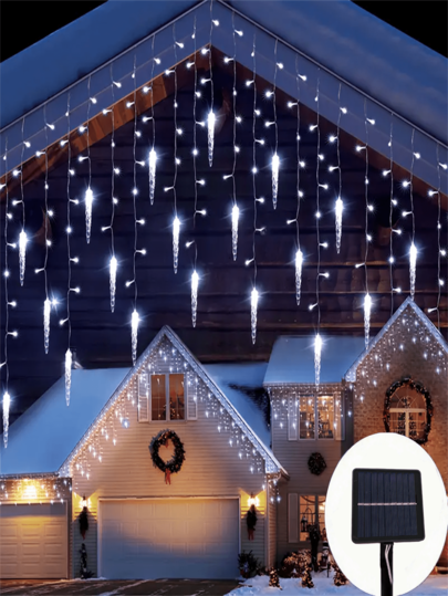 1PC Solar Ice Cone Light String, 96 LED, Christmas Decoration Atmosphere Light, Winter Festival Decoration Light, Eaves Light Curtain Light, Suitable For Eaves And Courtyard Layout, Creating Seasonal Lighting With A Full Atmosphere, White/Color Optional (300mAh)