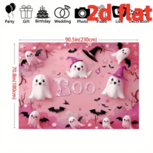 1 pièce Toile de fond de fête thème Halloween en rose "Boo", fantômes blancs mignons, chapeaux magiques roses, motifs de chauves-souris et d'étoiles. Cette toile de fond de fête convient pour la décoration murale intérieure et extérieure, les accessoires de studio photo, 210 x 150 cm
