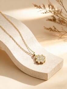1pc Fashionable Elegant Lucky Four-Leaf Clover Necklace With Heart-Shaped Cubic Zirconia Pendant, Charming Jewelry Gift