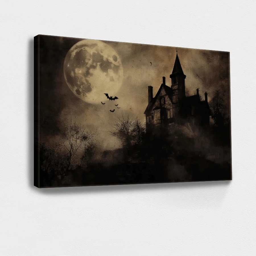 1pc Gothic Wall Art, Spooky Wooden Framed Wall Art, Wrapped Canvas Vintage Prints Poster, Haunted House, Full Moon, Bats Flying - Vintage, Black And White, Vintage Horror, Eerie Atmosphere Style, Home Living Room Bedroom Ofice Wall Decor, Birthday Party Decor, Hanging Hardware Included - Wrapped Framed Canvas, Horizontal - Khung vải - Xem 1