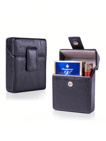 1 caja de unicolor de piel de PU, estuche de cigarrillos grueso de 20 unidades con encendedor 2 en 1, caja de cigarrillos portátil para hombres