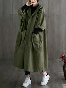 Autumn/Winter Oversized Lightweight Long Trench Coat For Women, With Large Pockets, Button Front, Hooded, Casual & Versatile - Army Green - View 2
