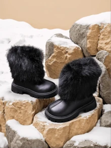 1 双女童中筒靴，时尚拉链设计，防滑橡胶软底，保暖毛皮衬里，柔软 PU，厚底，加高，适合表演、滑雪、打雪仗、幼儿和小女孩鞋，2025 年冬季新品