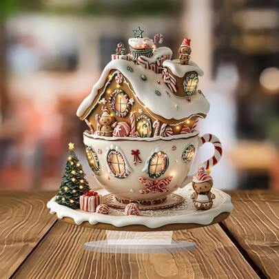 Bohemian Stil Lebkuchenhaus Tasse geformtes Schild und Plakette aus Acryl - Weihnachts Tisch Dekoration, Mehrzweck, ohne Text, geeignet für Zuhause, Café, Büro Schreibtisch, Schlafzimmer Dekorationskunst (9.8 X 8.2 Inches)
