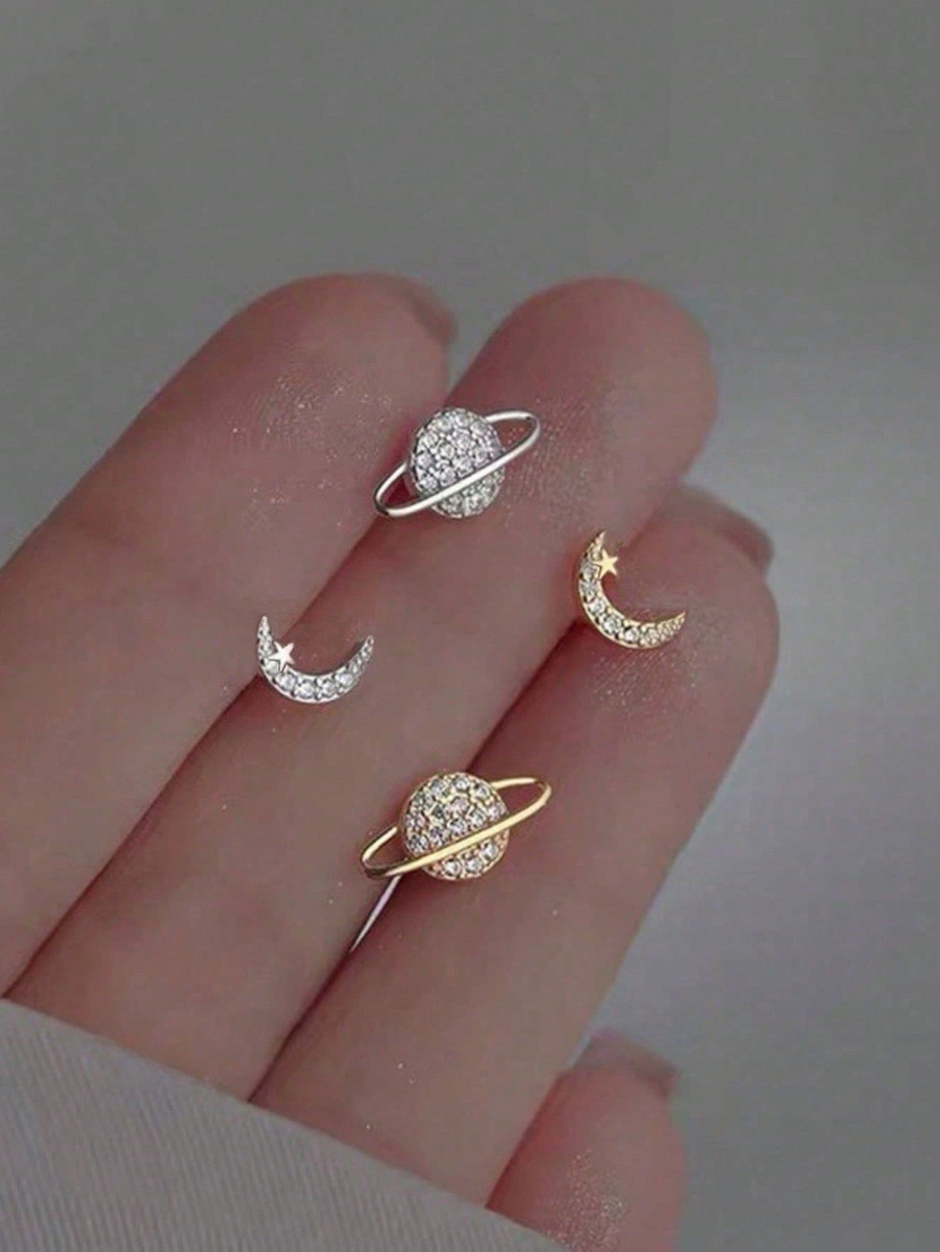 1 Pair Asymmetric Star & Moon Stud Earrings, Minimalist Design For Women, Suitable For Daily Commute