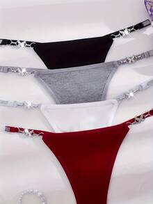 4 件套女士性感丁字裤，时尚迷人，闪亮银色蝴蝶环设计，金属环内衣，舒适柔软贴身 - 彩色的 - 查看 3