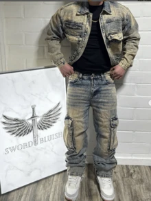 Quần cargo nam, quần ống thẳng, quần dài nam màu đồng bạc màu, quần jeans kiểu retro. - Đồng - Xem 1