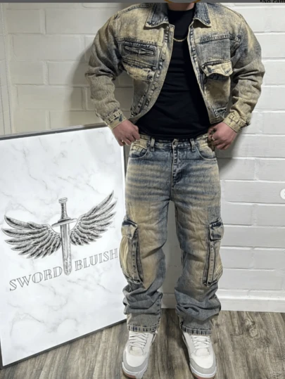 Men's Cargo Pants, Straight Leg Casual Washed Copper-Tone Men's Trousers, Retro Jeans