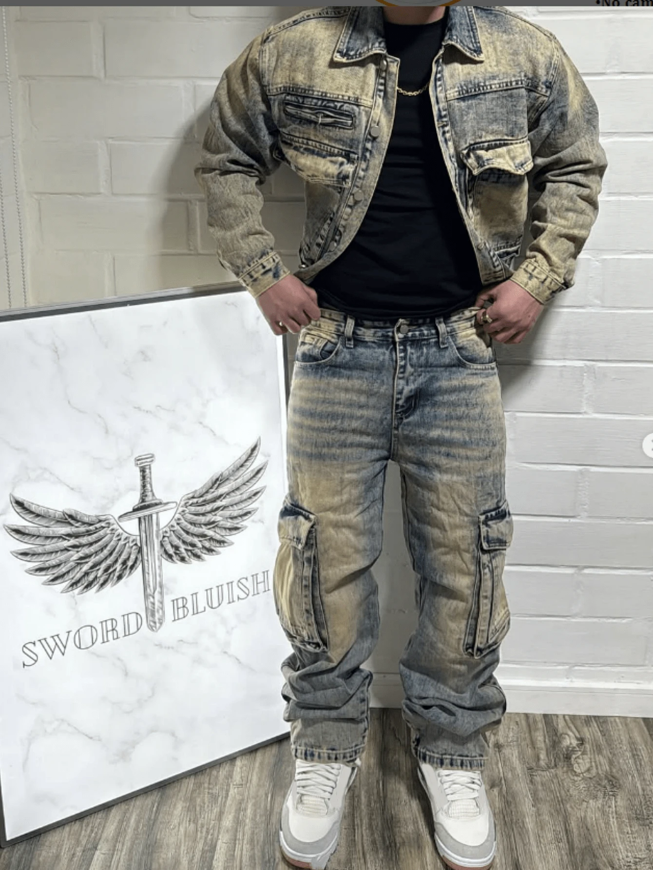 Quần cargo nam, quần ống thẳng, quần dài nam màu đồng bạc màu, quần jeans kiểu retro. - Đồng - Xem 1