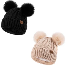 REDESS Women's Winter Soft Knit Hat 2-Pack With Faux Fur Pom Hat With Warm Fleece Lining Skull Cap For Women - RE成人麻花雙球女帽2裝 - 查看 8