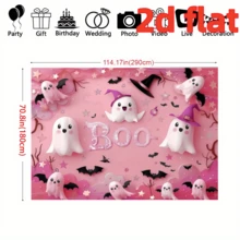 1 pièce Toile de fond de fête thème Halloween en rose "Boo", fantômes blancs mignons, chapeaux magiques roses, motifs de chauves-souris et d'étoiles. Cette toile de fond de fête convient pour la décoration murale intérieure et extérieure, les accessoires de studio photo, 210 x 150 cm