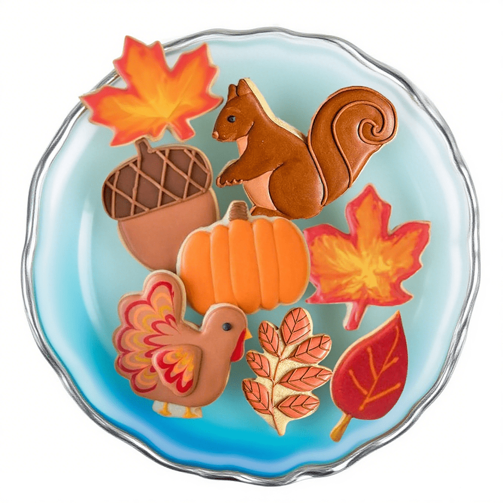7 pièces Ensemble de découpoirs à biscuits de Thanksgiving, moules à biscuits de fête convenant pour la cuisson de dinde, citrouille, gland, feuille de chêne, écureuil, feuille d'érable, biscuits d'automne