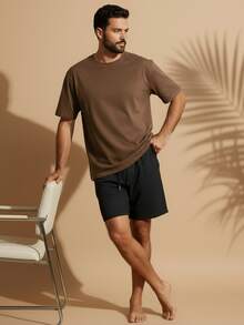 Oversized Streetwear T-Shirt And Bermuda Shorts Linen Casual Men's Basic Beach Set - 鏽棕色 - 查看 2