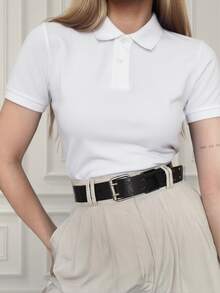 Polo Neck Blouse With Short Sleeves And Functional Buttons For Women - trắng - Xem 1