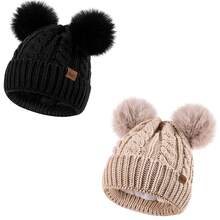 REDESS Women's Winter Soft Knit Hat 2-Pack With Faux Fur Pom Hat With Warm Fleece Lining Skull Cap For Women - RE成人麻花雙球女帽2裝 - 查看 17