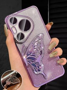 奢华电镀紫色手机壳，带蝴蝶液体支架，水钻闪亮风格，新款夏季时尚硅胶防震软壳，兼容三星 Galaxy S24 S25 Ultra FE A56 A16 4G 5G，兼容小米 Redmi 14C，兼容华为 Honor OPPO Reno Realme MOTO Infinix，Y2K 风格男女通用 2025 - 紫色 - 查看 6