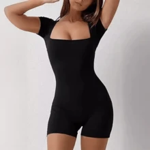 Jumpsuits De Manga Corta Para Mujer Cuello Cuadrado De Yoga,Mono deportivo de yoga de alta elasticidad,ropa activa de yoga de una sola - Negro - Ver 5