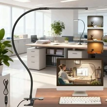 Yogle 1pc LED Desk Lamps For Home Office Tall Desk Light With Base Flexible Gosseneck Adjustable Height 5-Level Dimmable Brightness & Color Architect Lamp For Working Reading Crafting Study Black