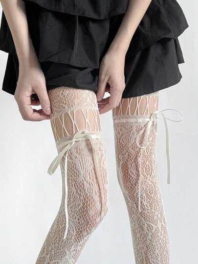 1 قطعة جوارب شبكية مفرغة بطراز الألفية ذات تصميم جاكارد وربطة عقدة Y2K للنساء، بطراز الليل الداكن