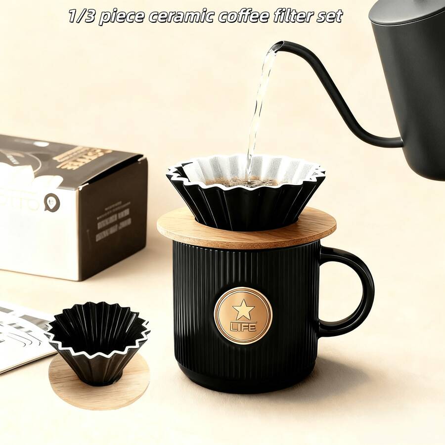 1/3 PiecesCeramic Coffee Filter Set With Mug, Coffee Filter Dripper With 380ml Mug And Wooden Lid, Reusable Pour Over Coffee Maker For Home Office,Minimalist Modern Gift Set For Coffee Lovers,Ideal For Home, Office & Outdoor Use