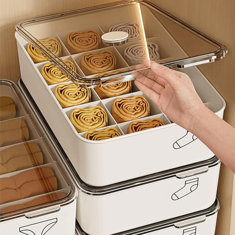 Underwear Storage Box - Dust-Proof 10/15 Compartment Design With Cover, Durable Plastic Material, A Storage Box That Saves Wardrobe Space, Sturdy And Durable, Underwear, Socks Storage Box For Close-Fitting Clothes Storage - 米色 - 查看 4