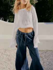 2pcs Womens Shorts Set Oversized Bell Long Sleeve Crop Top Drawstring Waist Shorts 2 Piece Flowy Ruffle Loose Outfits - White - View 2