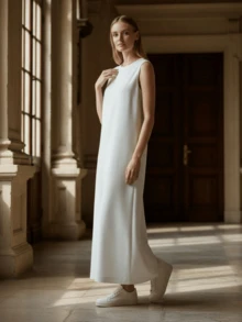 休闲简约纯色圆领无袖紧身连衣裙 - 白色 - 查看 3