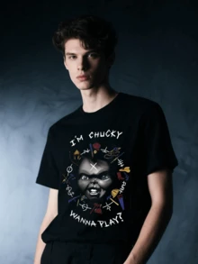 Playera 100% Algodón Peinado Cuello Redondo Modelo Halloween Muñeco Para Apasionados Del Terror, Macabro, Unisex, Fresca y Cómoda - Negro - Ver 1