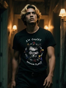 Playera 100% Algodón Peinado Cuello Redondo Modelo Halloween Muñeco Para Apasionados Del Terror, Macabro, Unisex, Fresca y Cómoda - Negro - Ver 4