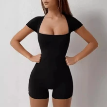 Jumpsuits De Manga Corta Para Mujer Cuello Cuadrado De Yoga,Mono deportivo de yoga de alta elasticidad,ropa activa de yoga de una sola - Negro - Ver 3