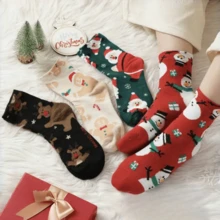 4 双女士新款圣诞圣诞老人、雪人、姜饼人图案袜子，舒适柔软礼品袜，中筒袜，秋冬
