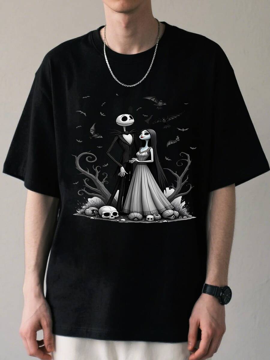Men's Nightmare Before Christmas Sally Graphic T-Shirt - Official Tim Inspired Heavyweight 100% Cotton Black Tee With Jack Zero & Full Moon Bats Gothic Halloween Costume Apparel For Year-Round Wear - màu đen - Xem 1