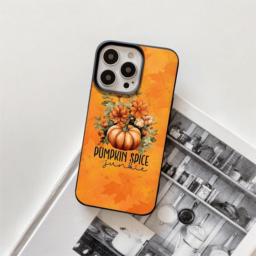 Fundas protectoras para teléfono con diseño de flores de calabaza y orificios grandes, compatibles con phone 17, 16 Pro Max, 16, 15 Pro, 14, 14 Plus/14 Pro Max, 13, 13 Pro, 12 Pro, 11/11 Pro. Perfectas como regalo de Halloween y Acción de Gracias para amigos y familiares. Regalos de temporada, diseño estampado, funda elegante, material duradero, brillo, diseño con orificios grandes, ideales para compras y para quienes buscan regalos navideños. - Negro - Ver 1