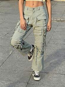 Women's Long Loose Fit Polyester Cargo Pants With Pockets And Zipper Fly, Non-Stretch Summer Casual Trousers For Everyday Wear