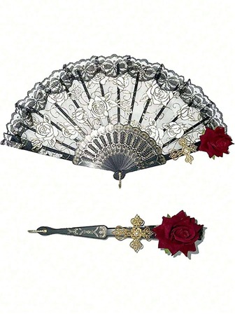 1pc Vintage Spanish Folding Fan, Flamenco Rose Flower Lace Dacing Spain Flower Hand Fan, Elegant Black Handheld Fan For Women,For Women Party Wedding Gift, For Home Room Living Room Office Decor, Cosplay Performance Decoration Valentine's Day